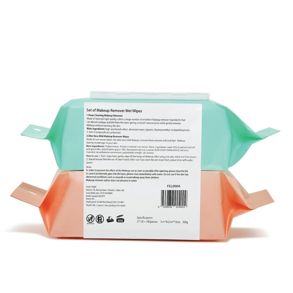 New Pack of 2 Feladel 240 Pcs Aloe Vera Makeup Remover Wipes Deep Cleaning